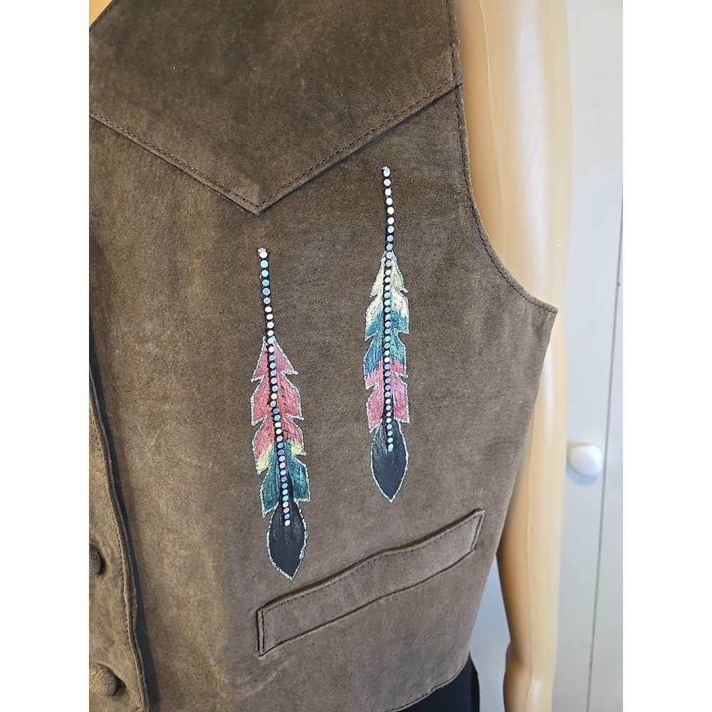 Wanted Genuine Leather Feather Appliqué Vest Western Festival Large - Picture 6 of 10
